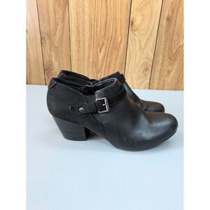 American Eagle Black Ankle Boots Womens 8.5 Block Heel Buckle Faux Leather Suede